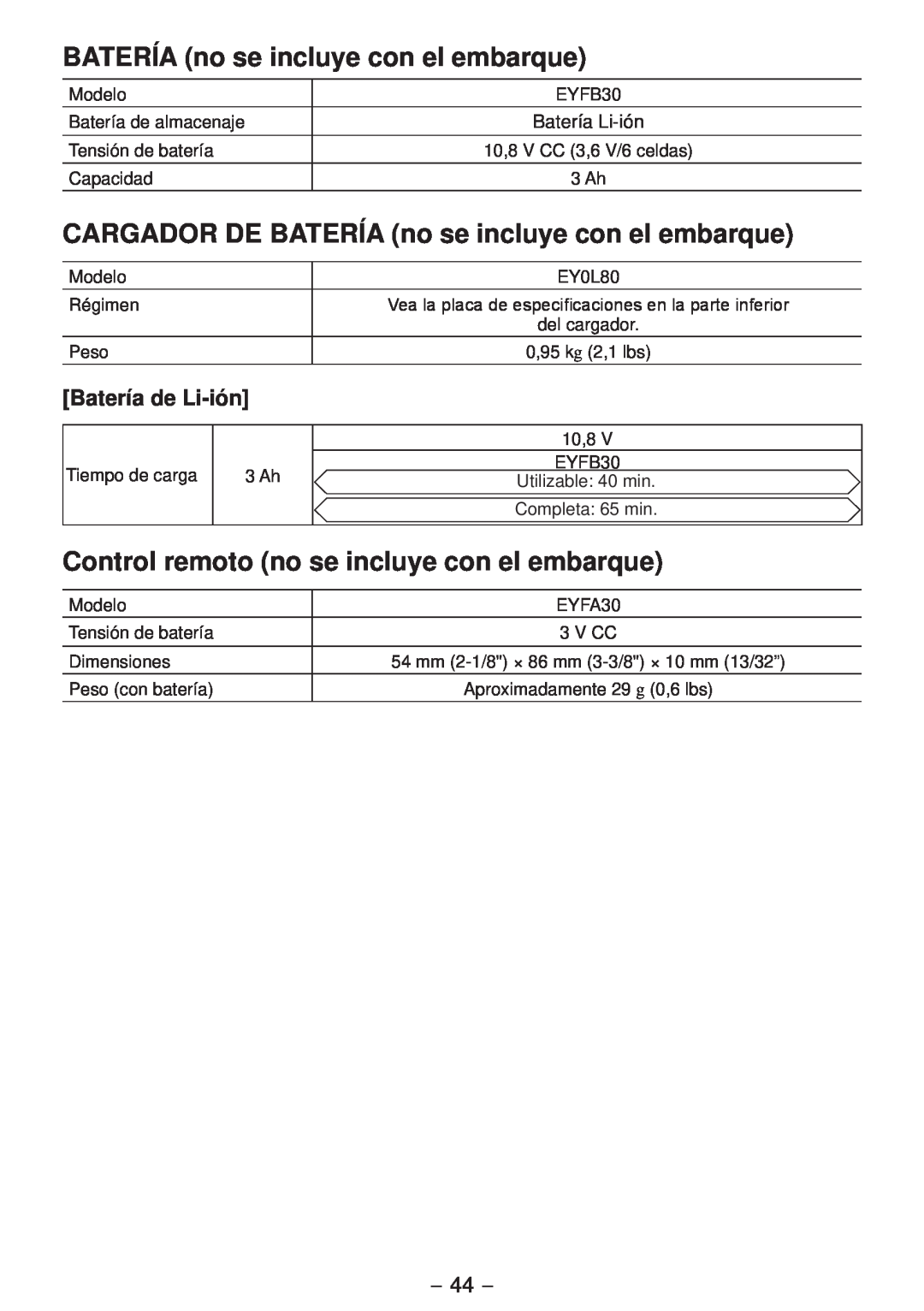 Panasonic EYFLA2Q CARGADOR DE BATERÍA no se incluye con el embarque, Control remoto no se incluye con el embarque 