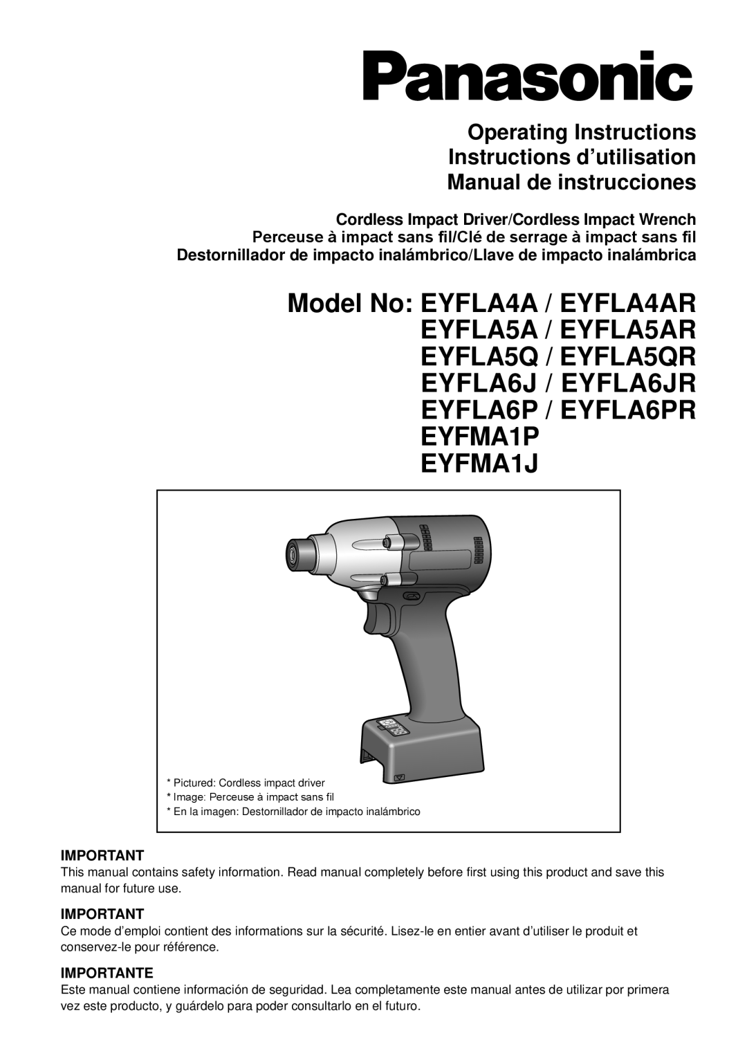 Panasonic operating instructions Model No EYFLA4A / EYFLA4AR, Importante 