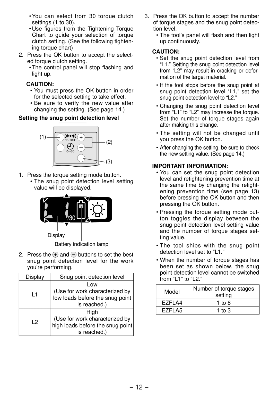 Panasonic EYFLA4A operating instructions Setting the snug point detection level, Important Information, EZFLA4 EZFLA5 