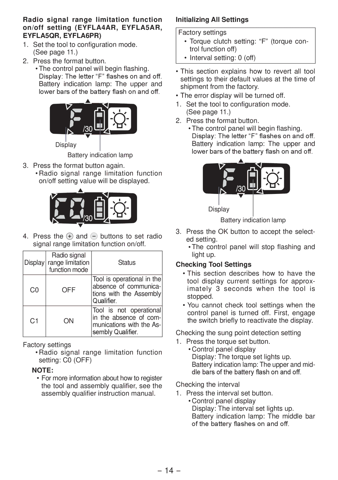 Panasonic EYFLA4A operating instructions Off, Initializing All Settings, Checking Tool Settings 