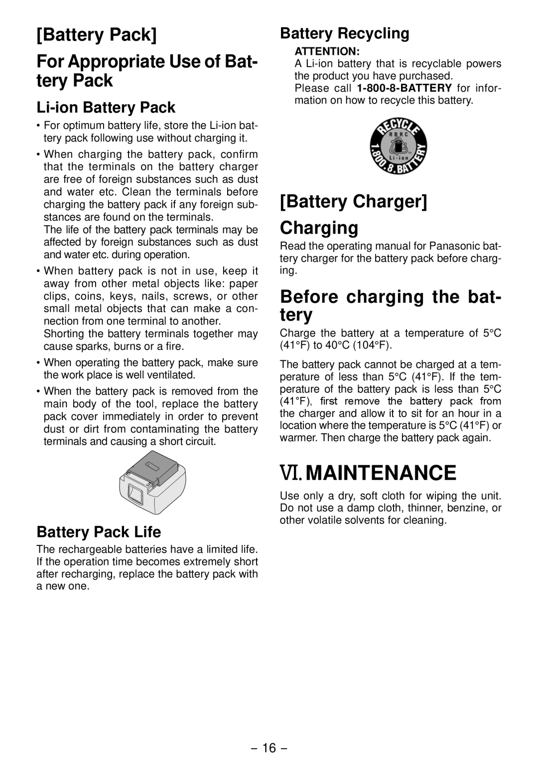 Panasonic EYFLA4A VI. Maintenance, Battery Pack For Appropriate Use of Bat­ tery Pack, Battery Charger Charging 