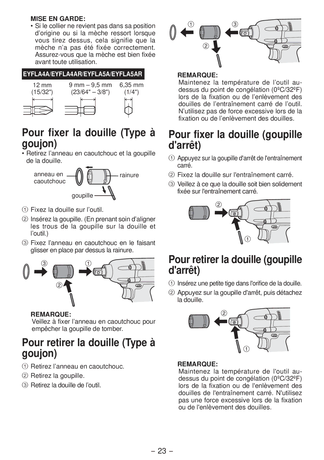 Panasonic EYFLA4A Pour fixer la douille Type à goujon, Pour retirer la douille Type à goujon, Mise EN Garde 