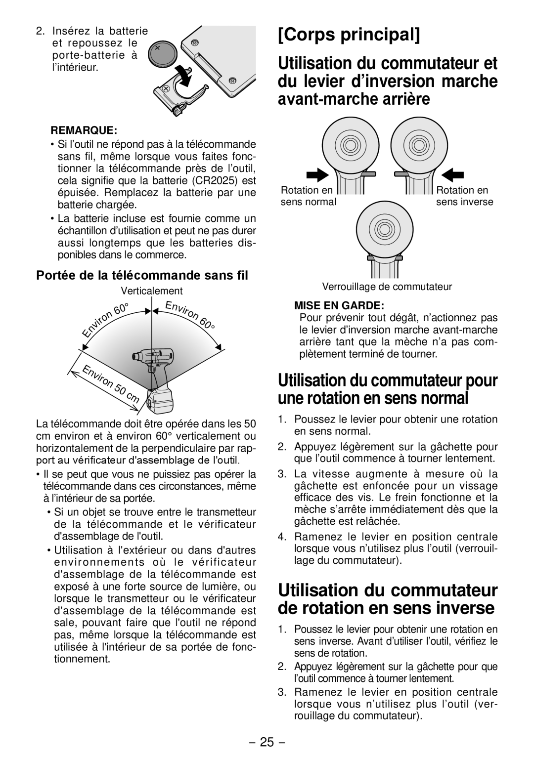 Panasonic EYFLA4A operating instructions Corps principal, Utilisation du commutateur pour une rotation en sens normal 