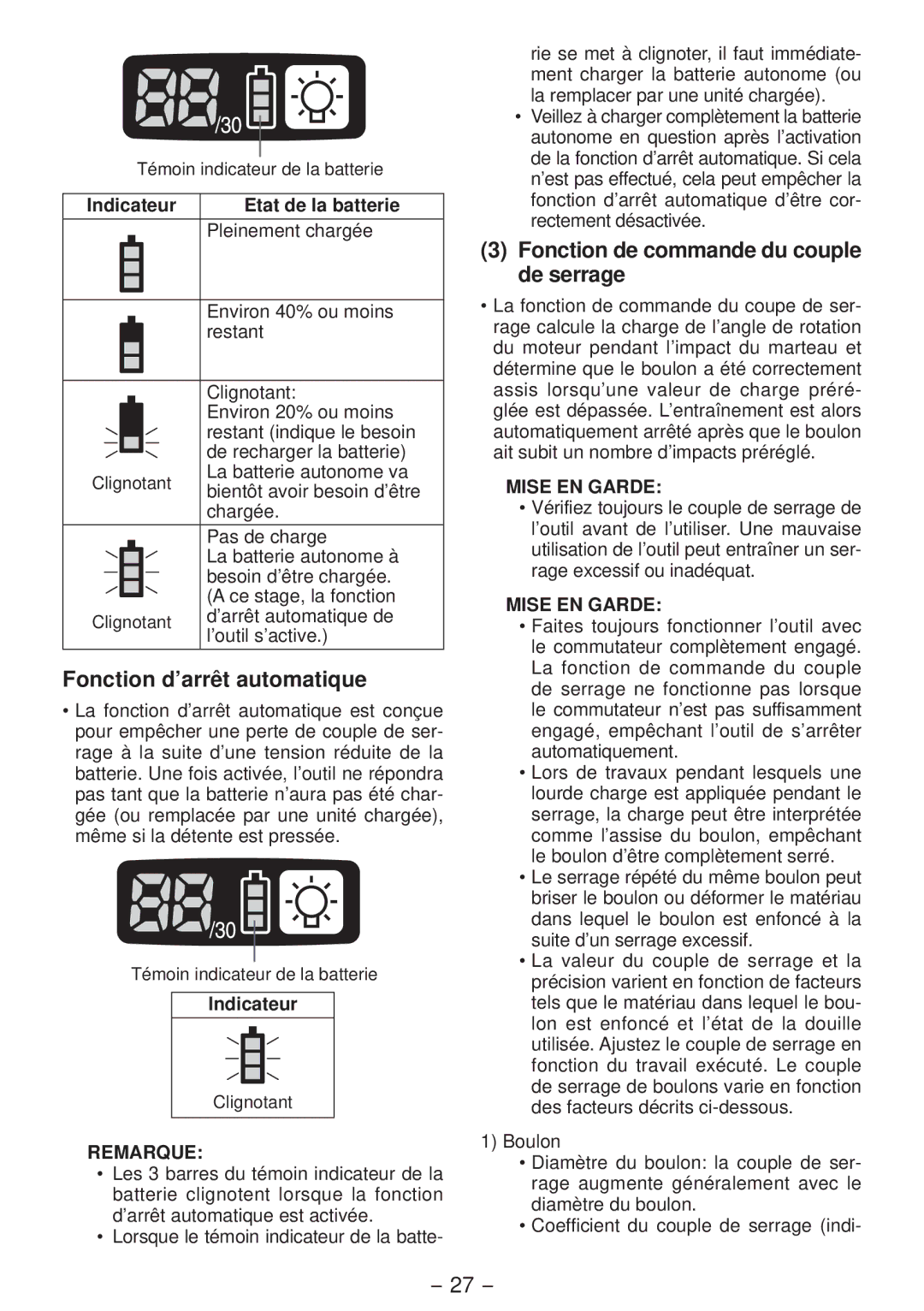 Panasonic EYFLA4A Fonction d’arrêt automatique, Fonction de commande du couple de serrage, Etat de la batterie, Indicateur 