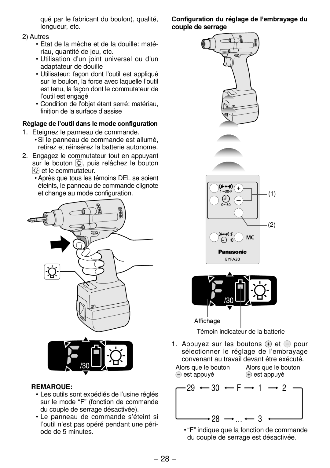 Panasonic EYFLA4A operating instructions Réglage de l’outil dans le mode configuration 