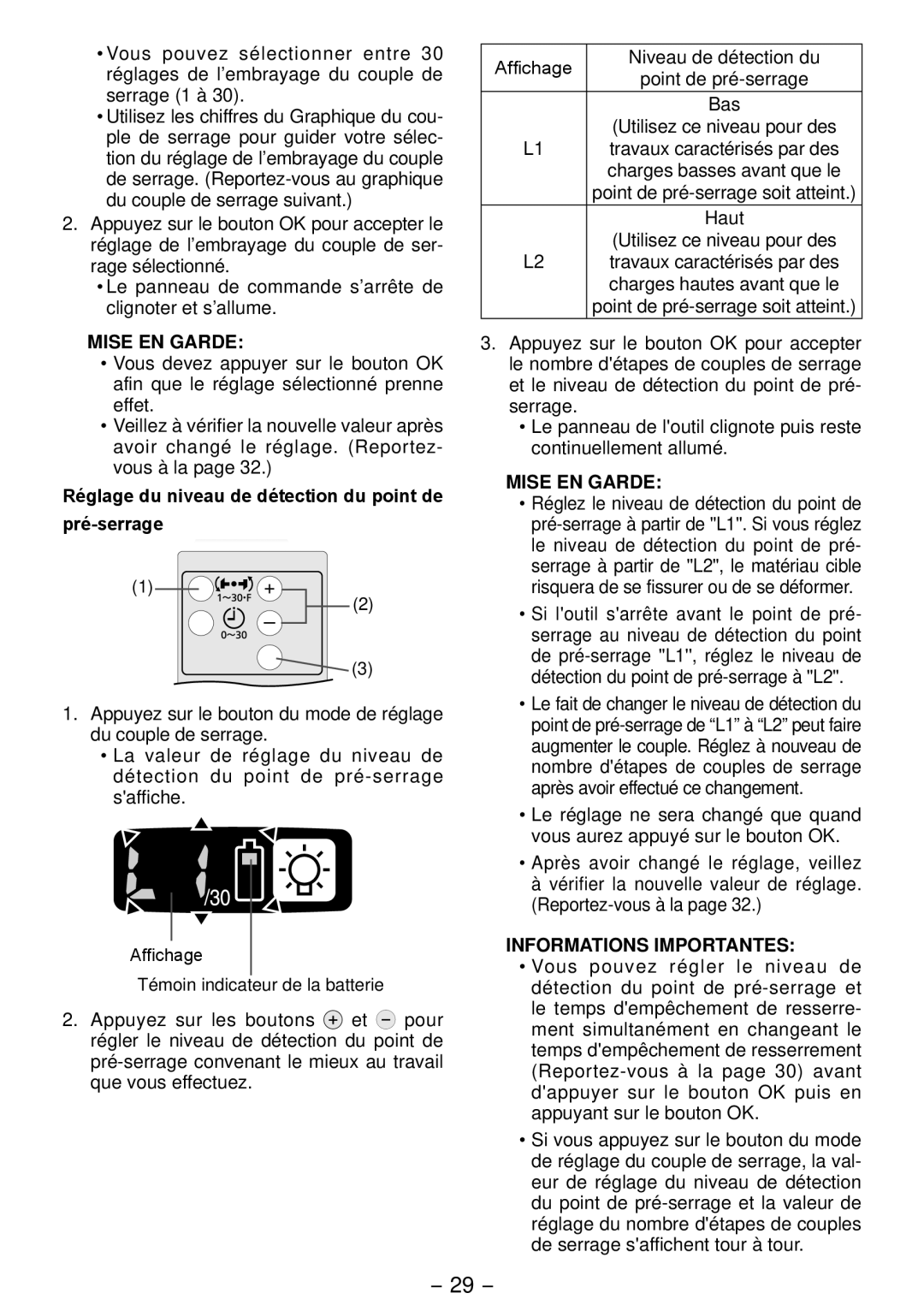 Panasonic EYFLA4A operating instructions Réglage du niveau de détection du point de pré-serrage, Informations Importantes 