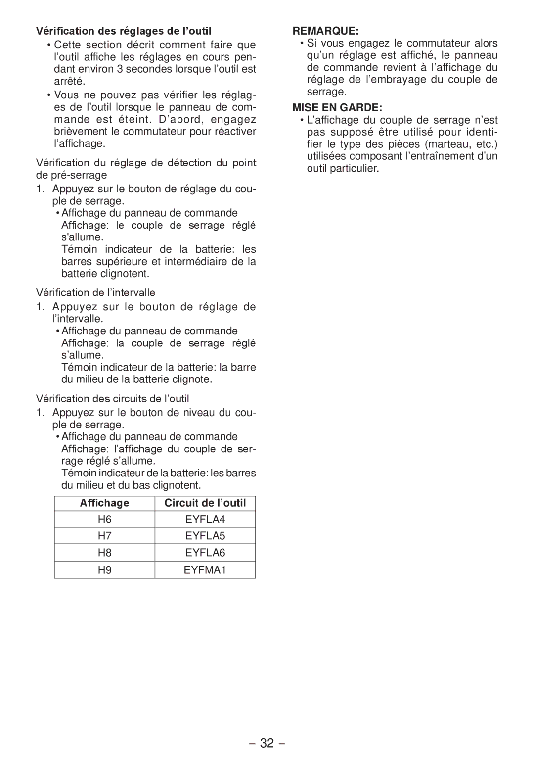 Panasonic EYFLA4A operating instructions Vérification des réglages de l’outil, Circuit de l’outil 