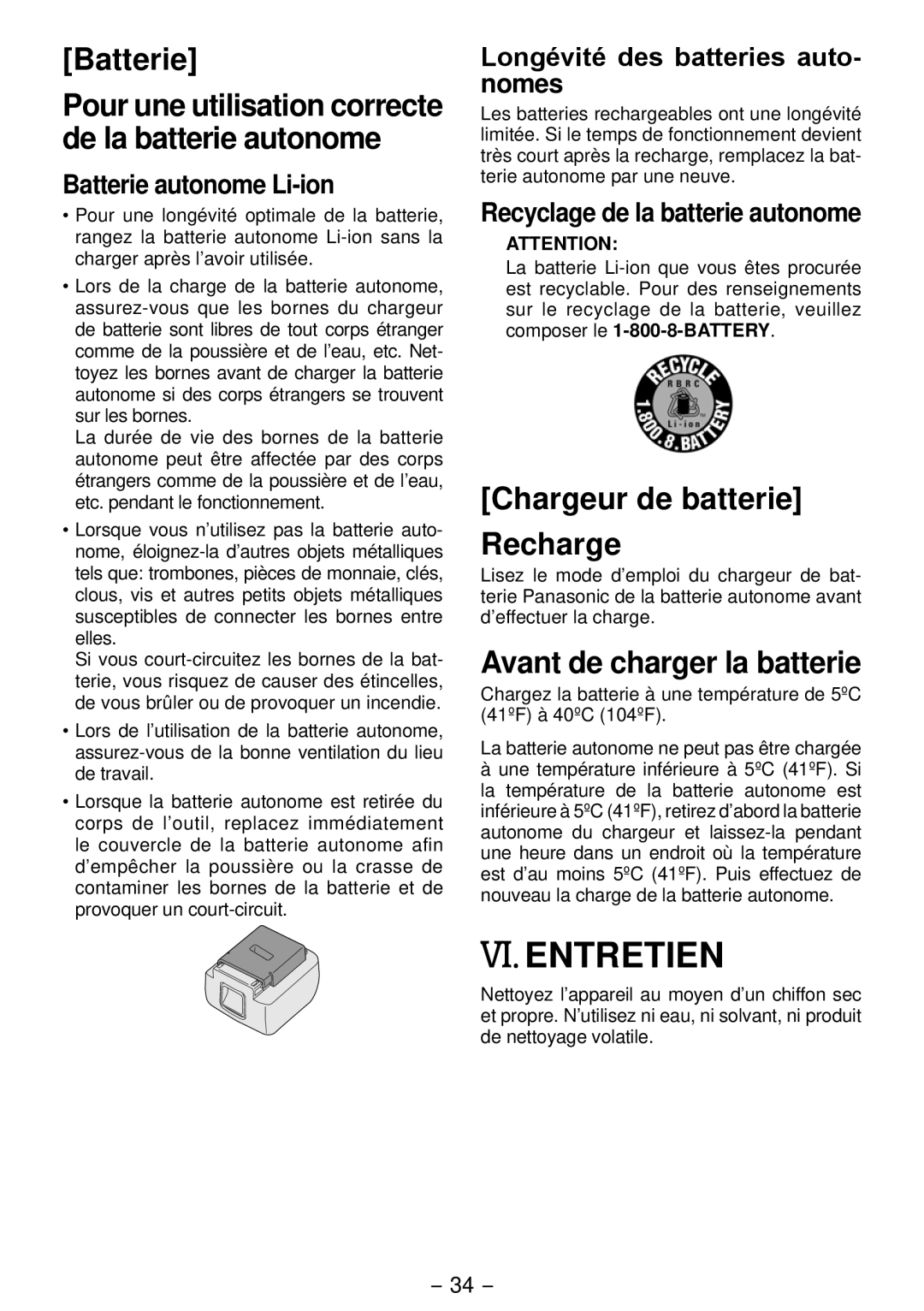 Panasonic EYFLA4A VI. Entretien, Batterie, Chargeur de batterie Recharge, Avant de charger la batterie 