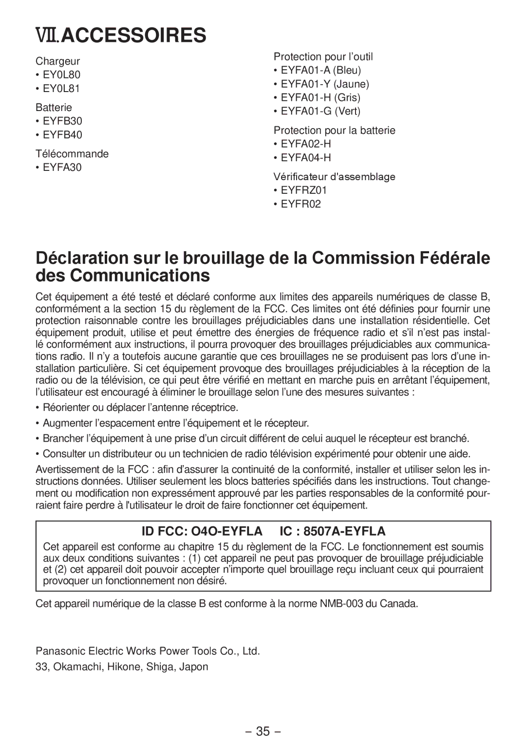 Panasonic EYFLA4A operating instructions Vii.Accessoires, ID FCC O4O-EYFLA IC 8507A-EYFLA 