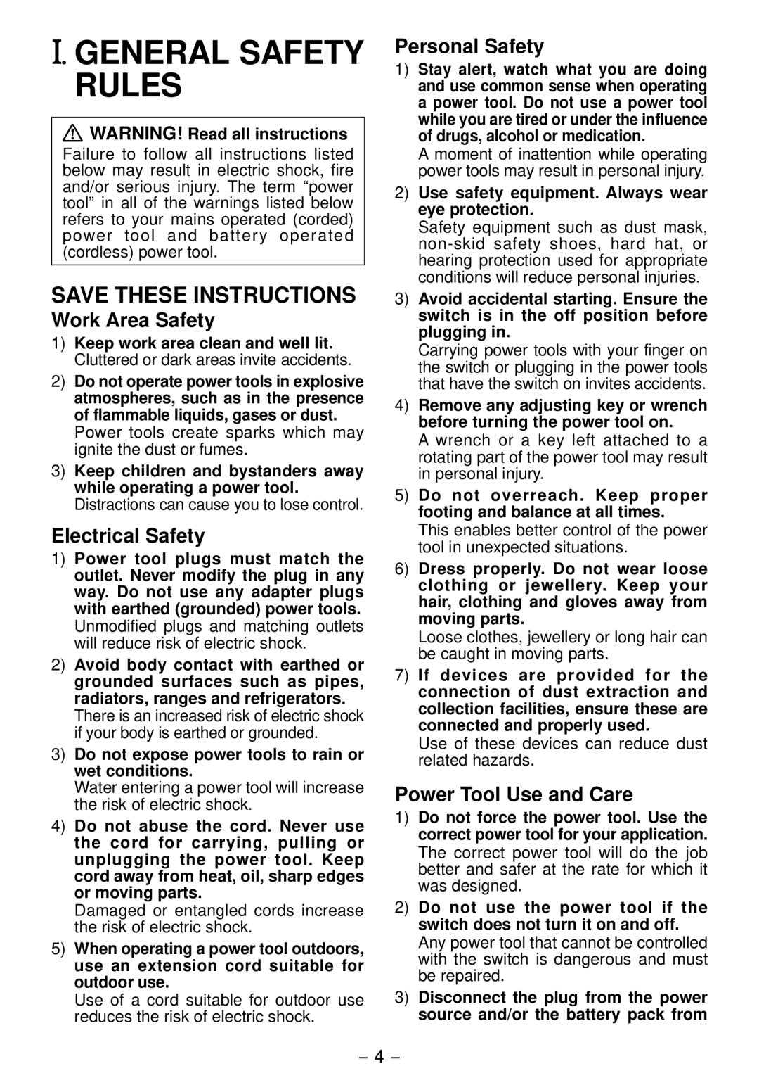 Panasonic EYFLA4A operating instructions Work Area Safety, Electrical Safety, Personal Safety, Power Tool Use and Care 