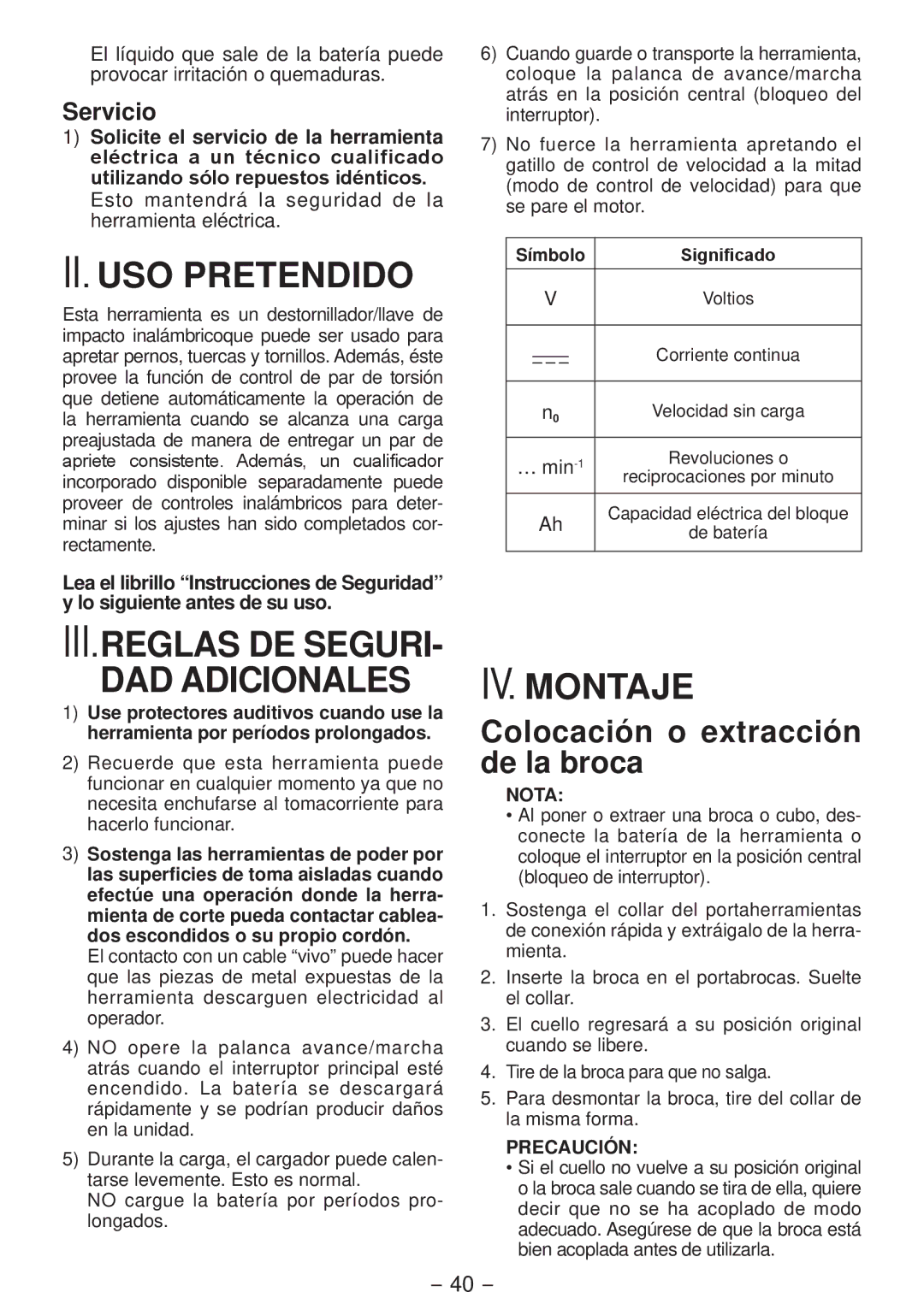 Panasonic EYFLA4A operating instructions II. USO Pretendido, III.REGLAS DE SEGURI­ DAD Adicionales, IV. Montaje, Servicio 