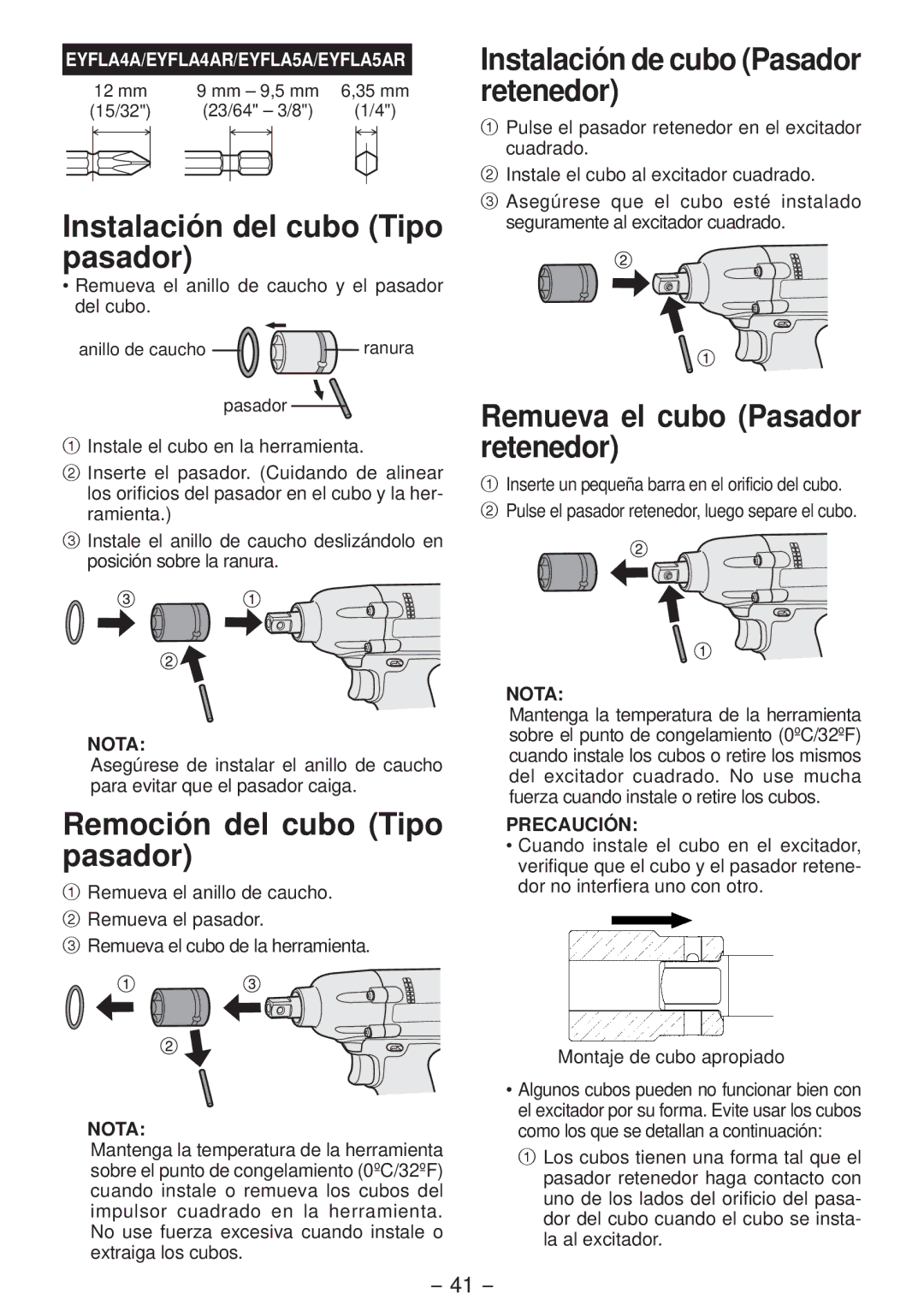 Panasonic EYFLA4A Instalación del cubo Tipo pasador, Remoción del cubo Tipo pasador, Instalación de cubo Pasador retenedor 