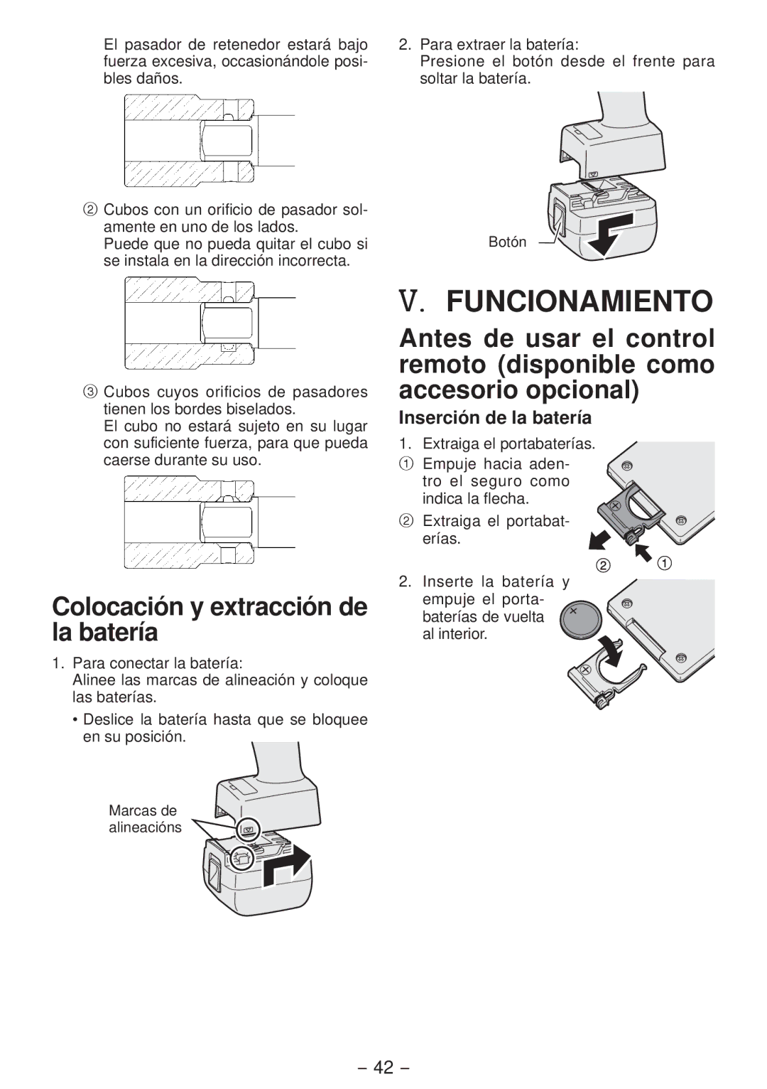 Panasonic EYFLA4A operating instructions Funcionamiento, Colocación y extracción de la batería, Inserción de la batería 