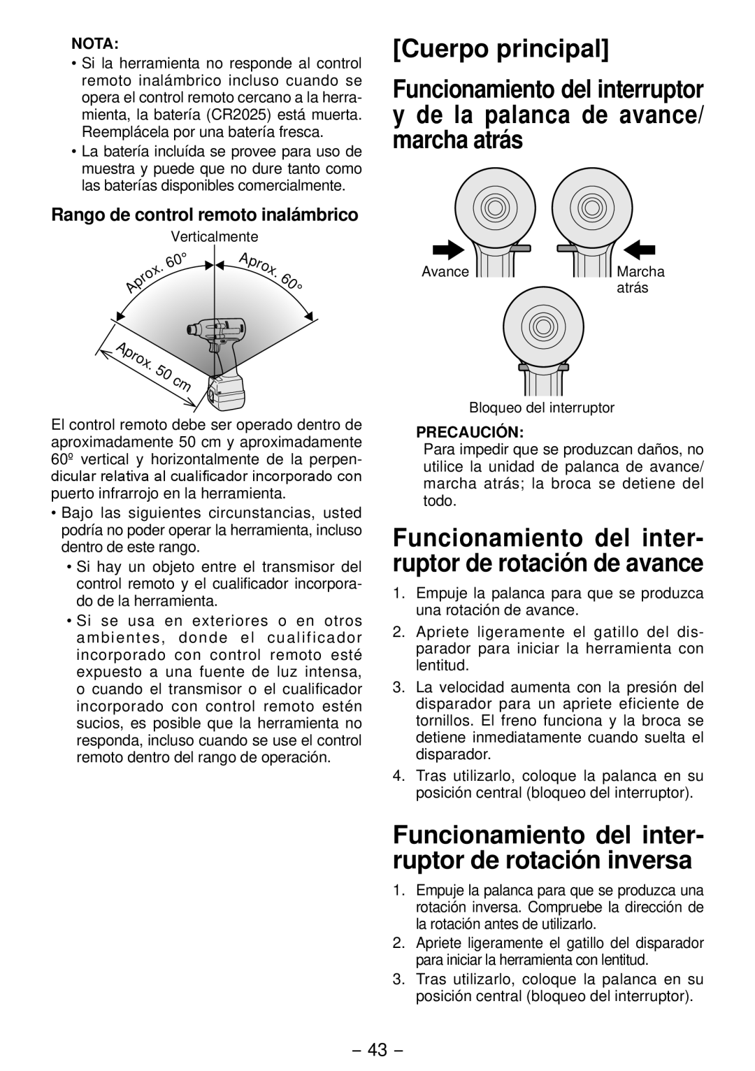 Panasonic EYFLA4A operating instructions Cuerpo principal, Rango de control remoto inalámbrico 