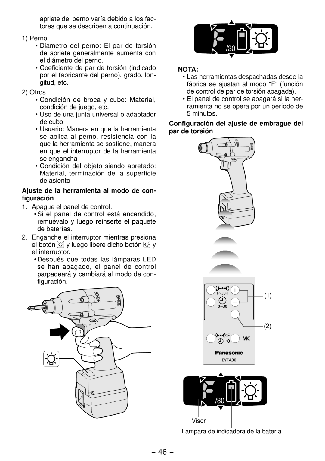 Panasonic EYFLA4A operating instructions Ajuste de la herramienta al modo de con­ figuración 