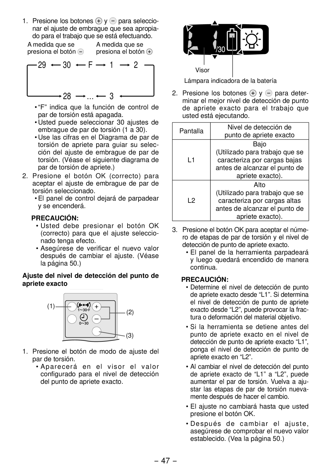 Panasonic EYFLA4A operating instructions Ajuste del nivel de detección del punto de apriete exacto 