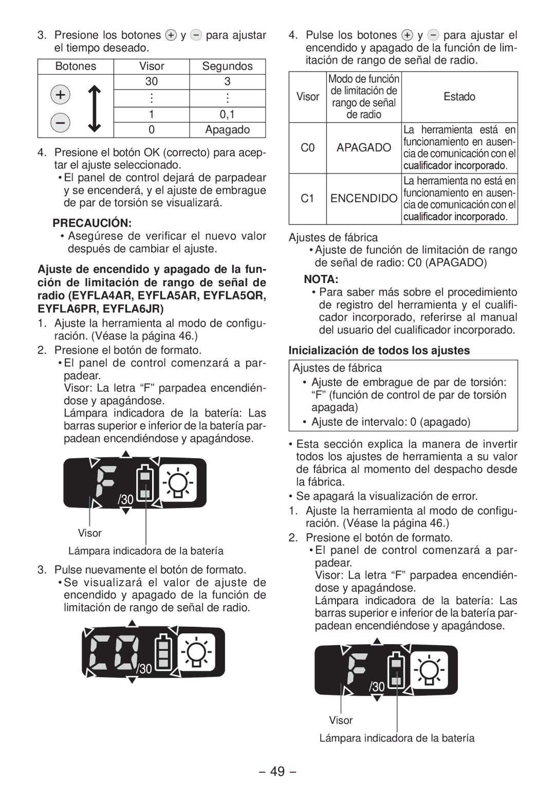 Panasonic EYFLA4A operating instructions Apagado, Encendido, Inicialización de todos los ajustes 