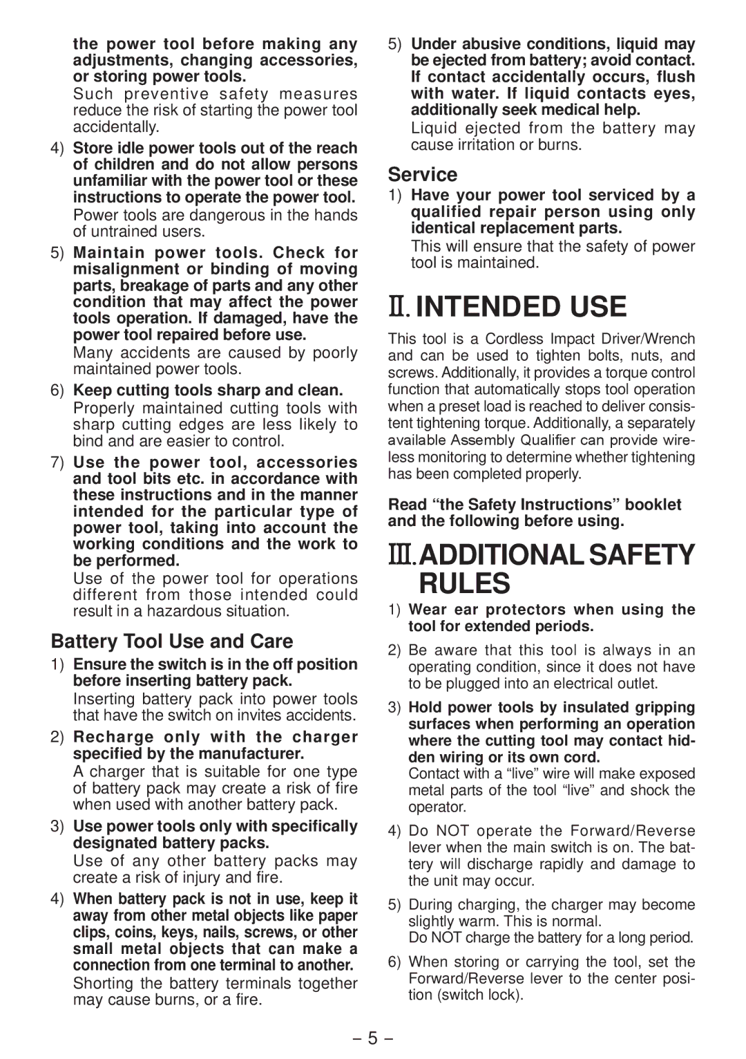 Panasonic EYFLA4A operating instructions II. Intended USE, III.ADDITIONAL Safety Rules, Battery Tool Use and Care, Service 