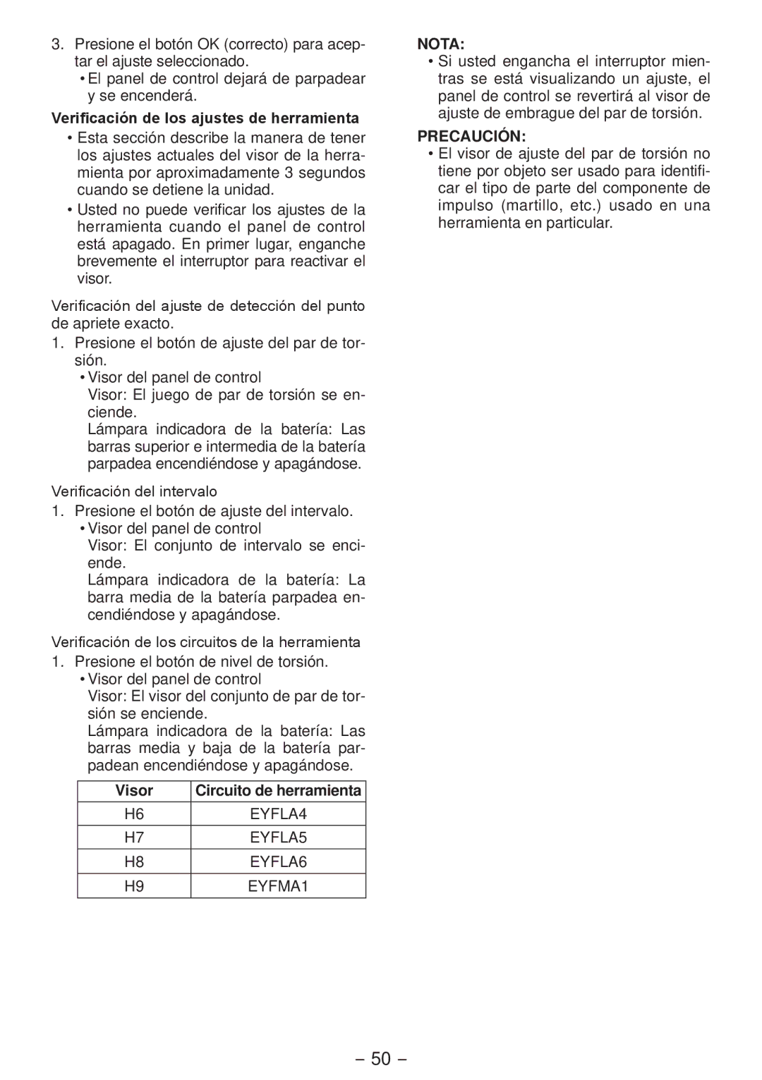 Panasonic EYFLA4A operating instructions Verificación de los ajustes de herramienta 