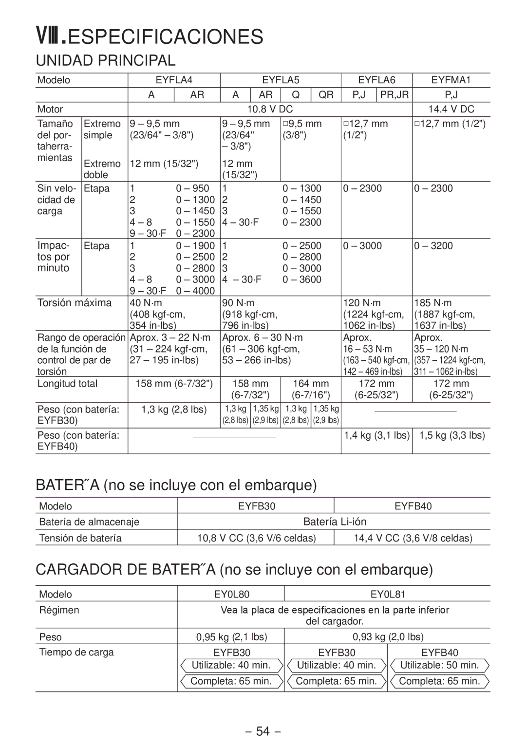 Panasonic EYFLA4A operating instructions Viii.Especificaciones, Batería no se incluye con el embarque, EYFB30 