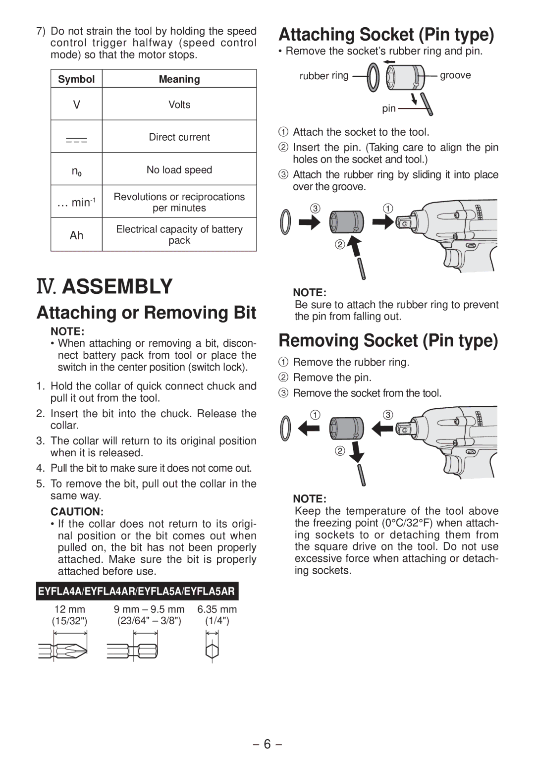 Panasonic EYFLA4A IV. Assembly, Attaching or Removing Bit, Attaching Socket Pin type, Removing Socket Pin type 