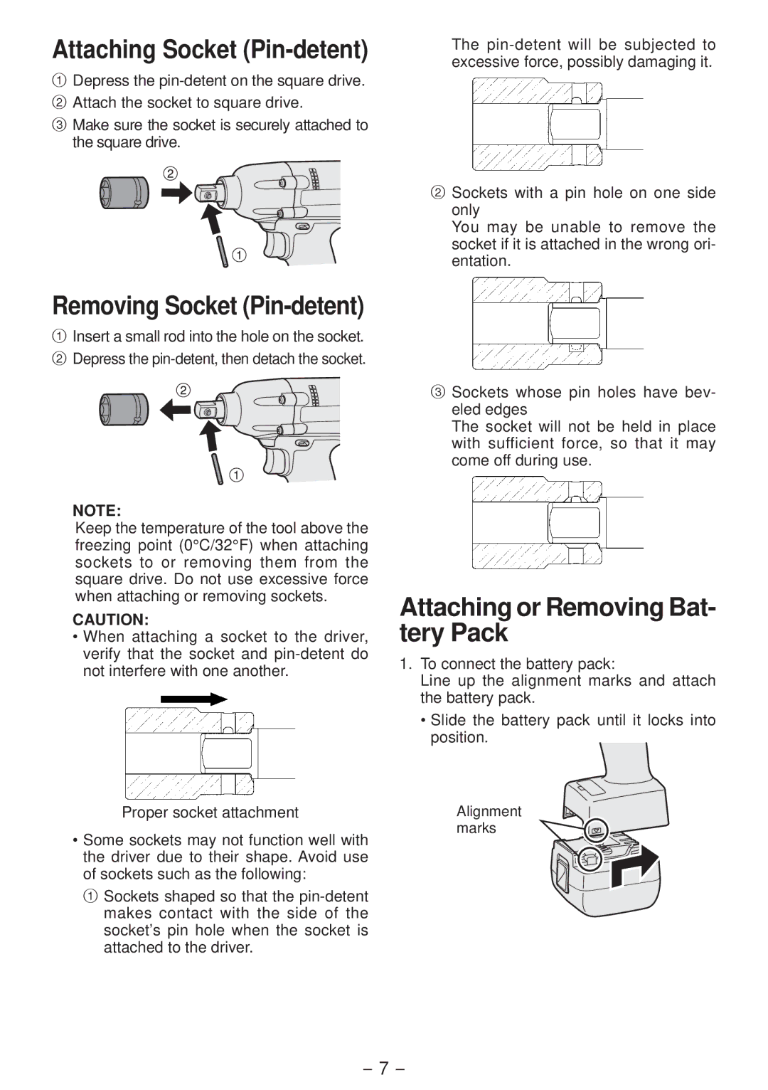 Panasonic EYFLA4A operating instructions Attaching Socket Pin-detent, Attaching or Removing Bat­ tery Pack 