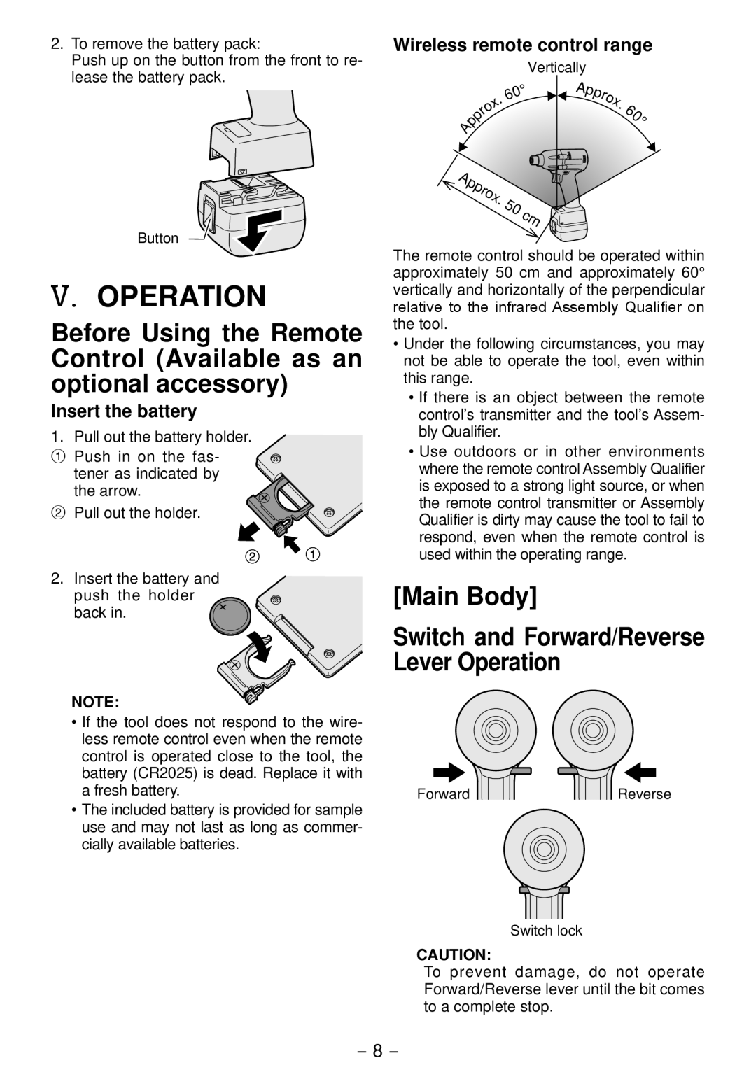 Panasonic EYFLA4A Main Body Switch and Forward/Reverse Lever Operation, Wireless remote control range 