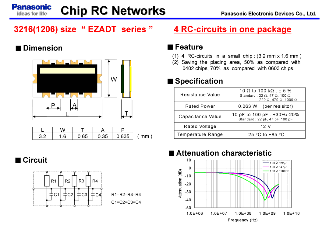 Panasonic EZADT series manual Chip RC Networks, Size Ezadt series RC-circuits in one package 