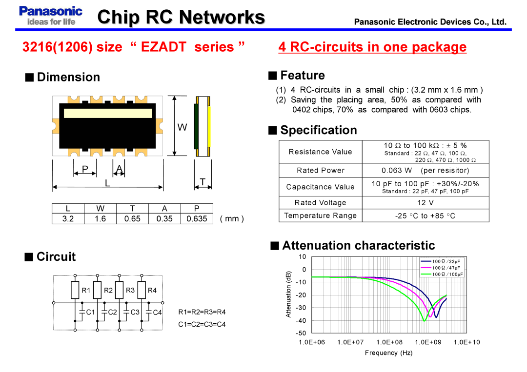 Panasonic manual Chip RC Networks, size “ EZADT series ”, RC-circuits in one package, Dimension, Feature, Specification 