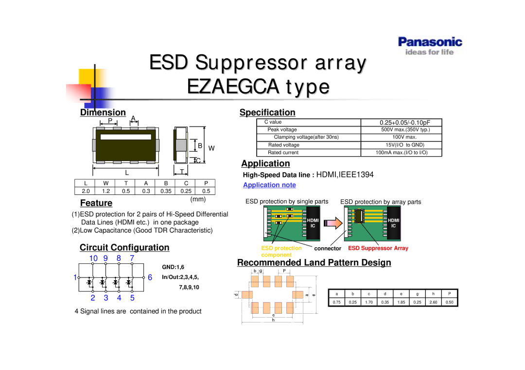 Panasonic EZAEG3A Dimension Specification, Application, Featuremm, Circuit Configuration, Recommended Land Pattern Design 