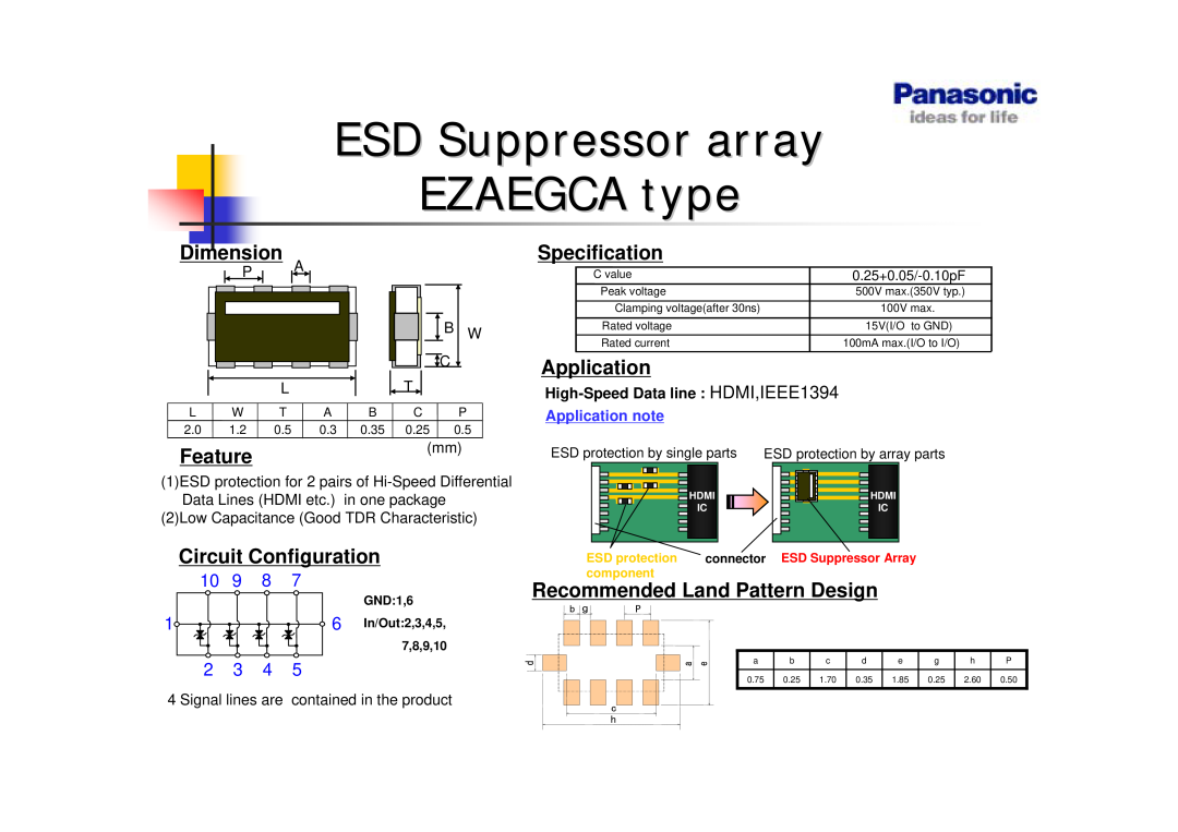 Panasonic EZAEG3A manual ESD Suppressor array EZAEGCA type, Dimension, Specification, Application, Featuremm, 10 9 8, 2 3 4 