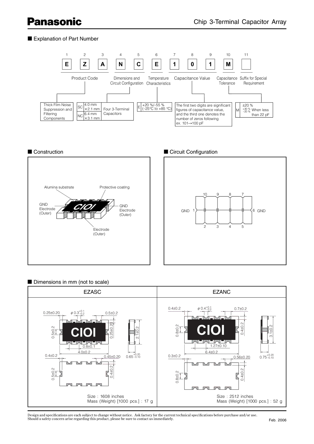 Panasonic EZANC, EZASC Explanation of Part Number, Construction Circuit Conﬁguration, Dimensions in mm not to scale 