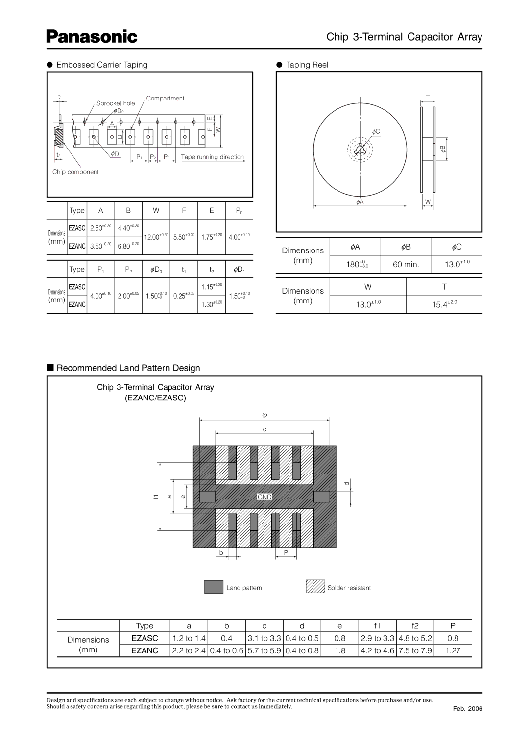 Panasonic EZANC, EZASC specifications Recommended Land Pattern Design, Embossed Carrier Taping 