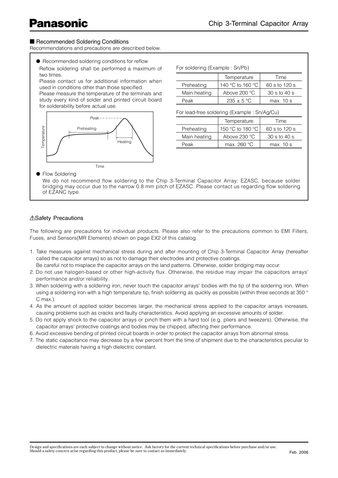 Panasonic EZASC, EZANC specifications Recommended Soldering Conditions, Safety Precautions 