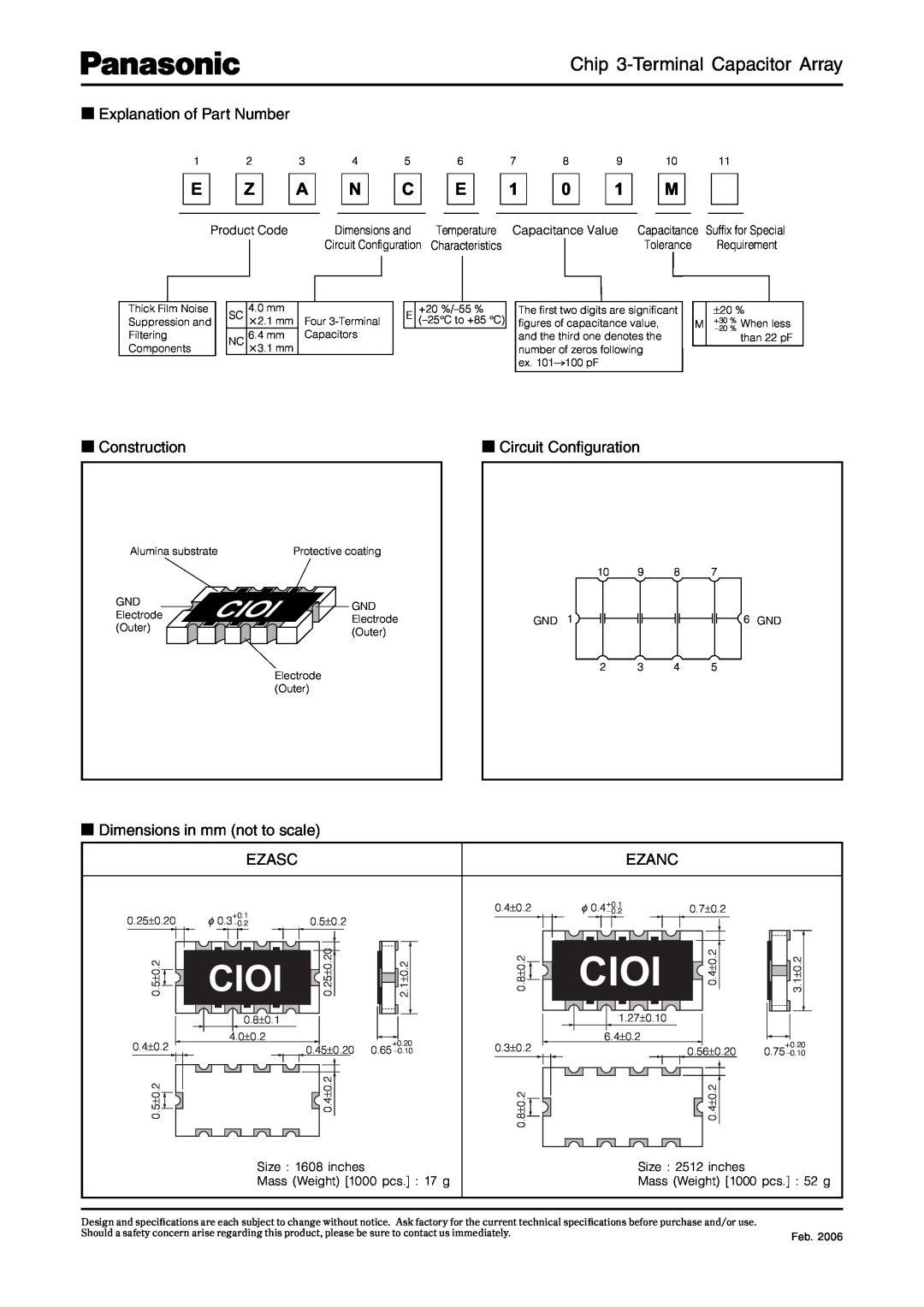 Panasonic EZANC Explanation of Part Number, Construction, Circuit Conﬁguration, Dimensions in mm not to scale EZASC, Ezanc 