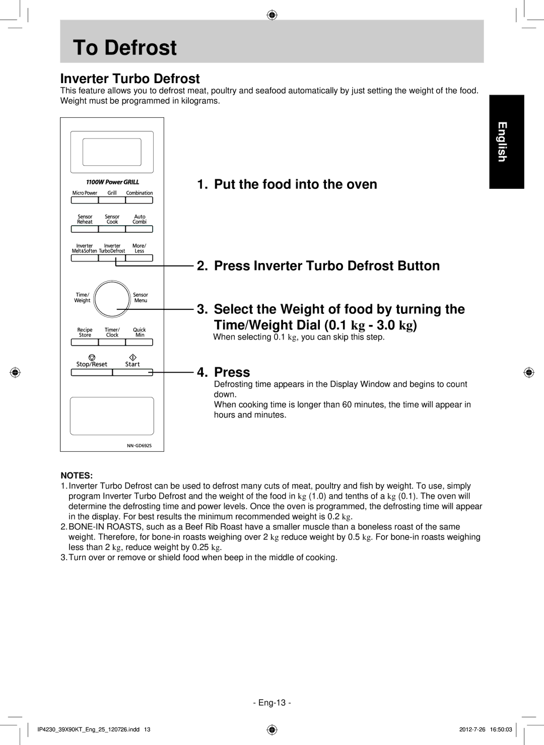 Panasonic F00039X90KT operating instructions To Defrost, Inverter Turbo Defrost 