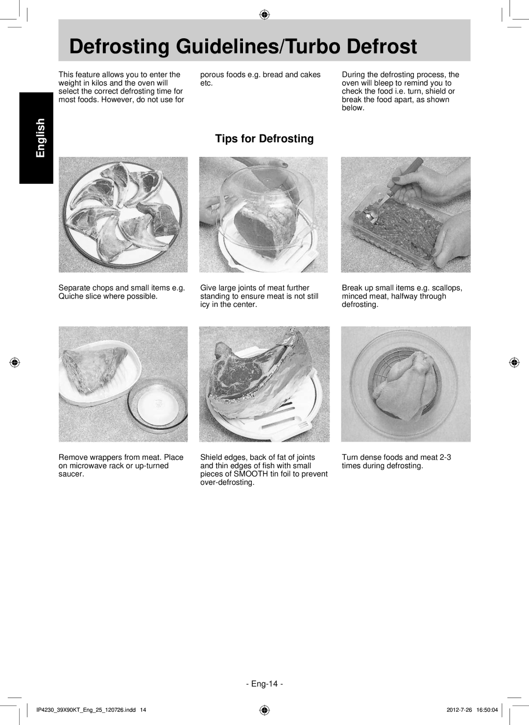 Panasonic F00039X90KT operating instructions Defrosting Guidelines/Turbo Defrost 