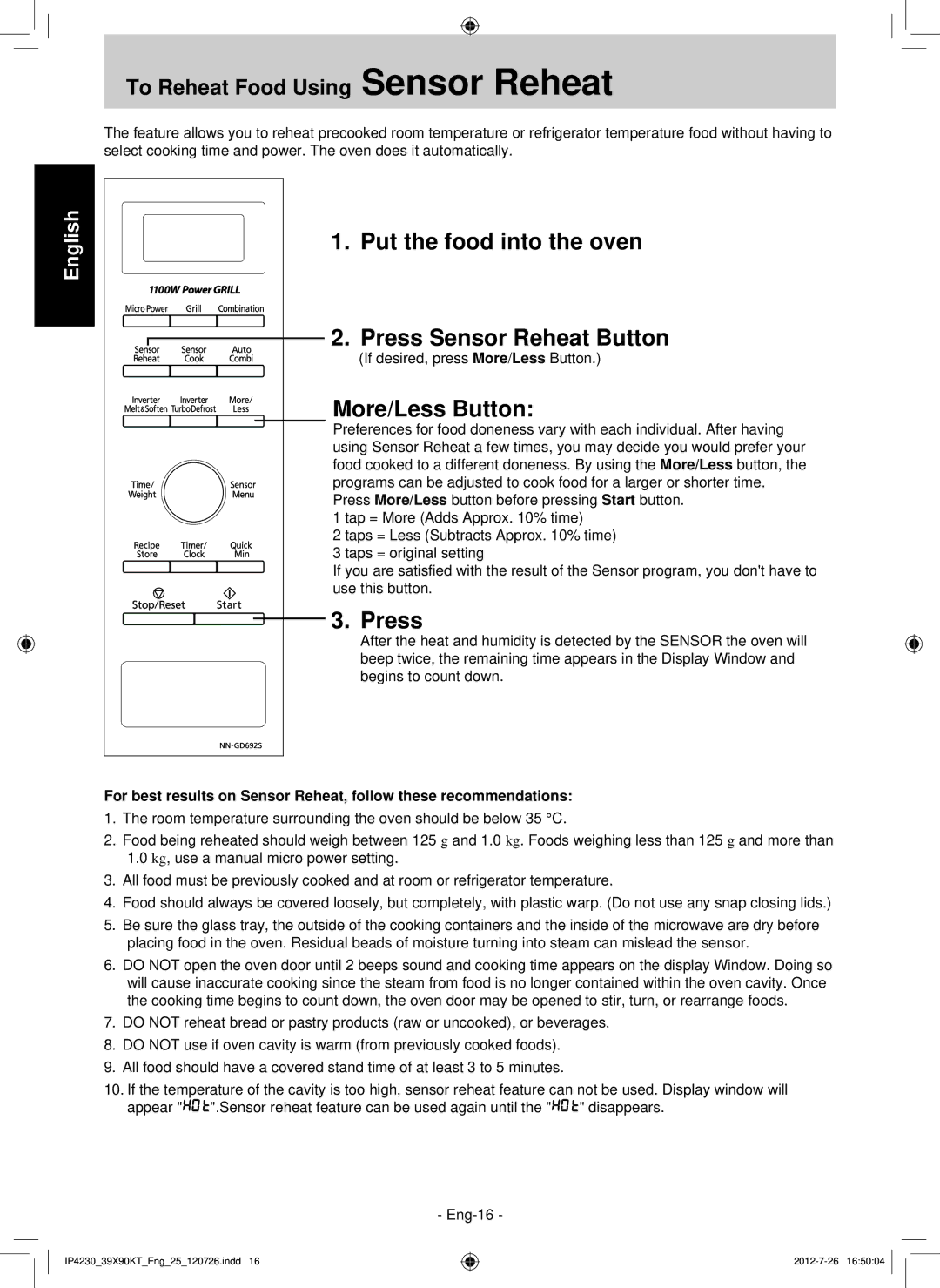 Panasonic F00039X90KT operating instructions Put the food into the oven Press Sensor Reheat Button, More/Less Button 