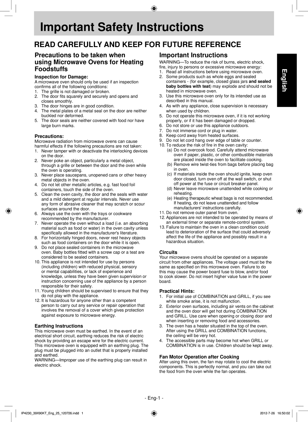 Panasonic F00039X90KT operating instructions Important Safety Instructions, Practical Hints 