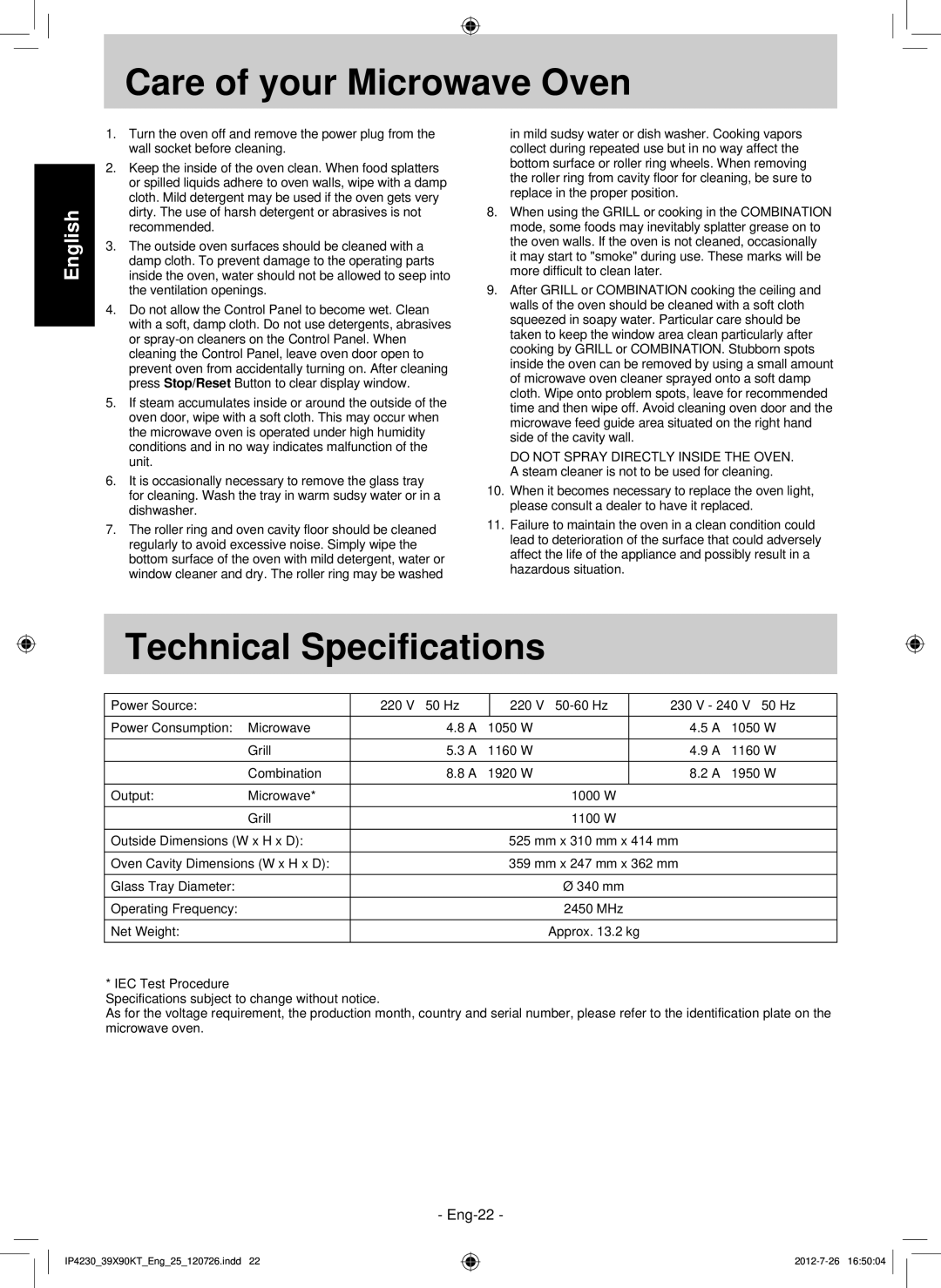 Panasonic F00039X90KT operating instructions Care of your Microwave Oven, Technical Specifications 