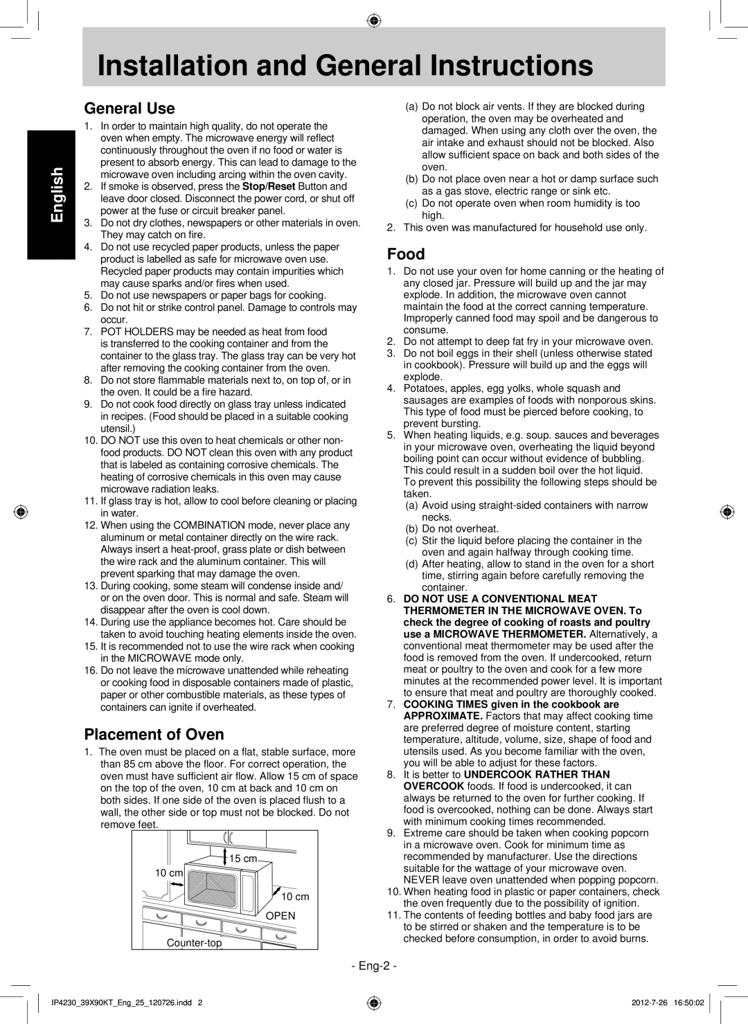 Panasonic F00039X90KT operating instructions Installation and General Instructions 