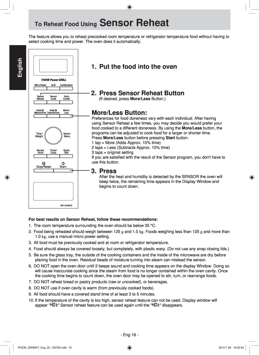 Panasonic F00039X90KT Press Sensor Reheat Button, More/Less Button, To Reheat Food Using Sensor Reheat, English 