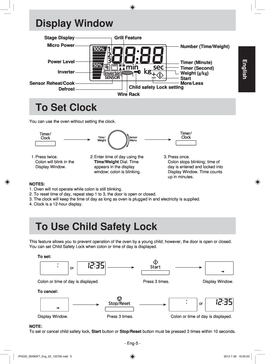 Panasonic F00039X90KT operating instructions Display Window, To Set Clock, To Use Child Safety Lock, English 
