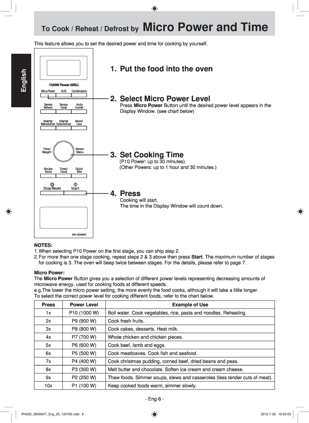 Panasonic F00039X90KT Put the food into the oven, Select Micro Power Level, Set Cooking Time, Press, English 