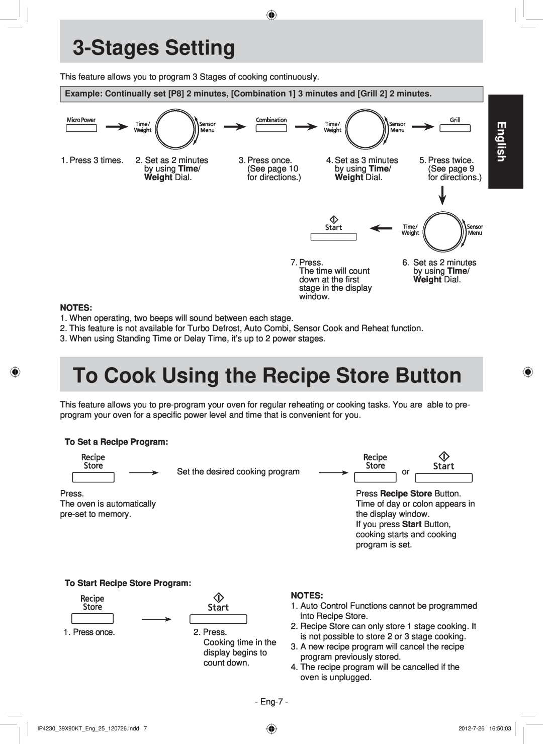 Panasonic F00039X90KT StagesSetting, To Cook Using the Recipe Store Button, English, Weight Dial, To Set a Recipe Program 