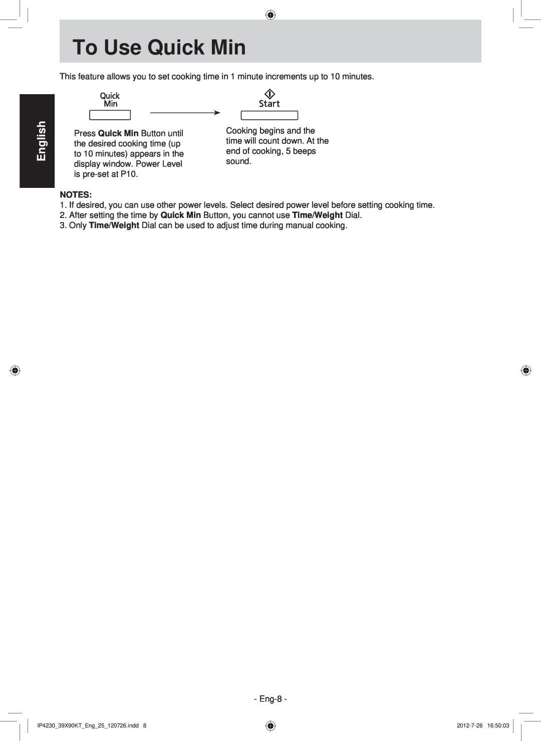 Panasonic F00039X90KT operating instructions To Use Quick Min, English 