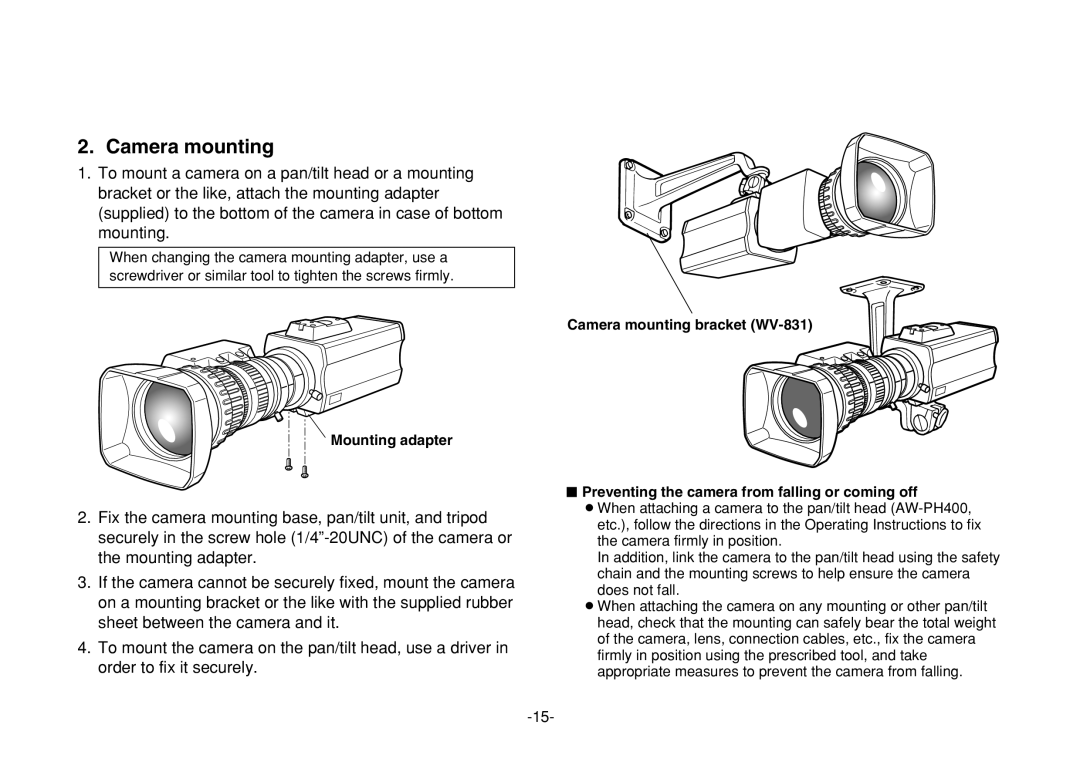 Panasonic VQTB0088D, F0205Y0 manual Camera mounting 