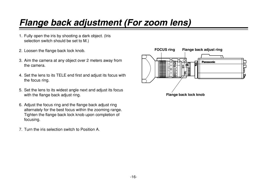 Panasonic F0205Y0, VQTB0088D manual Flange back adjustment For zoom lens 