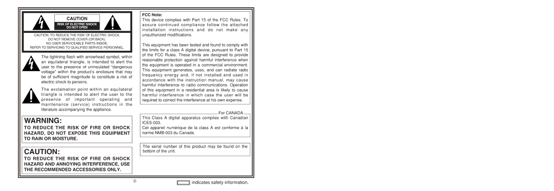 Panasonic F0205Y0, VQTB0088D manual FCC Note, Risk of Electric Shock Do not Open 