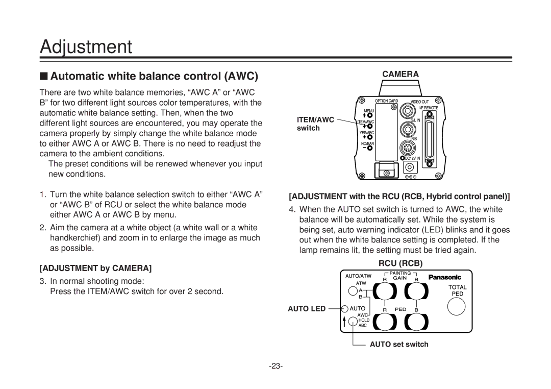 Panasonic VQTB0088D, F0205Y0 manual $ Automatic white balance control AWC, Adjustment by Camera 